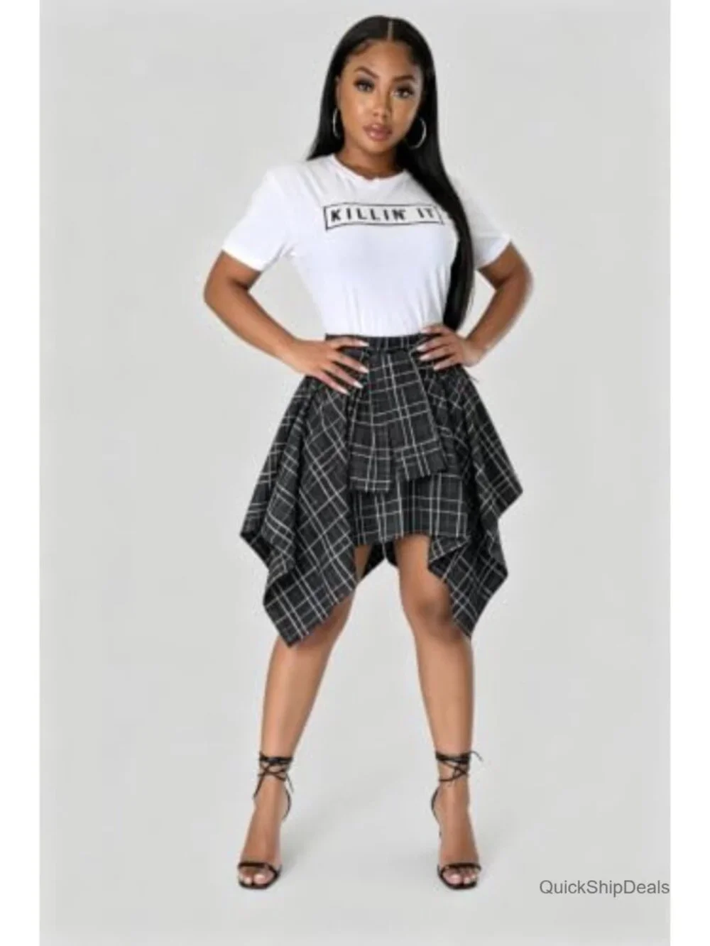 Plaid Asymmetrical High Low Skort Polyester Spandex Mini Punk